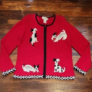 Susan Bristol Red Full Zip Festive Cardigan Dog Motif Animal Print Cottagecore
